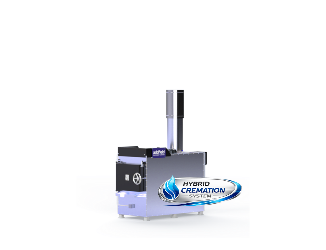 Addfield Cremations PET 200 Hybrid Cremation System 3D render of cladded pet cremator with blue accent lighting and Hybrid Cremation System badge
